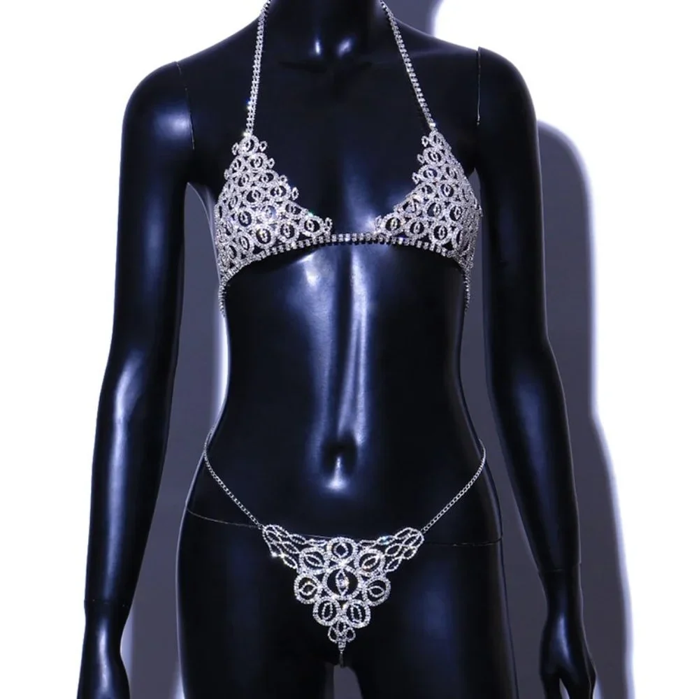 Evil Eye Underwear Set Women Crystal Panties Waist Chain Bra Thong Body Jewelry - Picture 3 of 10